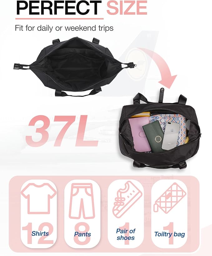 Weekender Bags for Women, BAGSMART Travel Duffel Bags with Shoe Compartment,Personal Item Travel Bag for Airlines, Carry on Overnight Tote Bag with Toiletry Bag(Black,2pcs)