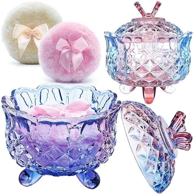 4" Glass Dusting Powder Container with 2 Fluffy Puffs,Cute 3.5" Soft Body Powder Puff and Jar Set(Butterfly-colorful purple)