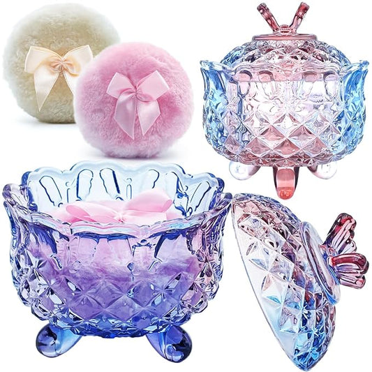 4" Glass Dusting Powder Container with 2 Fluffy Puffs,Cute 3.5" Soft Body Powder Puff and Jar Set(Butterfly-colorful purple)