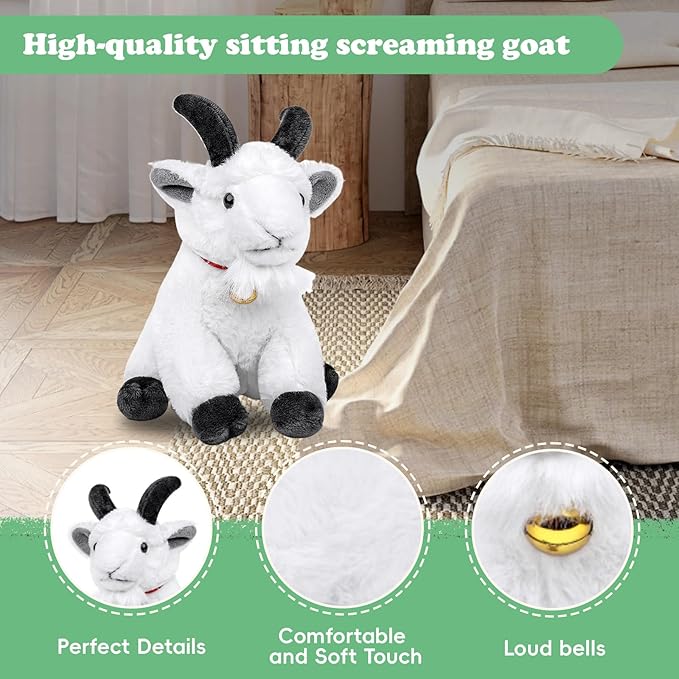 Screaming Sitting White Goat with Bell Plush Animal Toy 10in, Realistic Screaming Goat Plush Toy, Cute and Funny White Goat Animal Plushies Model Gift Collection for Kids