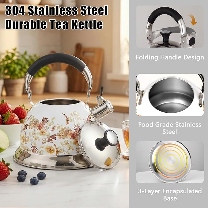Stainless Steel Whistling Tea Kettle Stovetop - 3.1QT Tea Pot for Stove Top, Vintage Floral Print, Foldable Handle, 304 Stainless Steel Interior Teatop for Tea, Coffee, Party & Gift