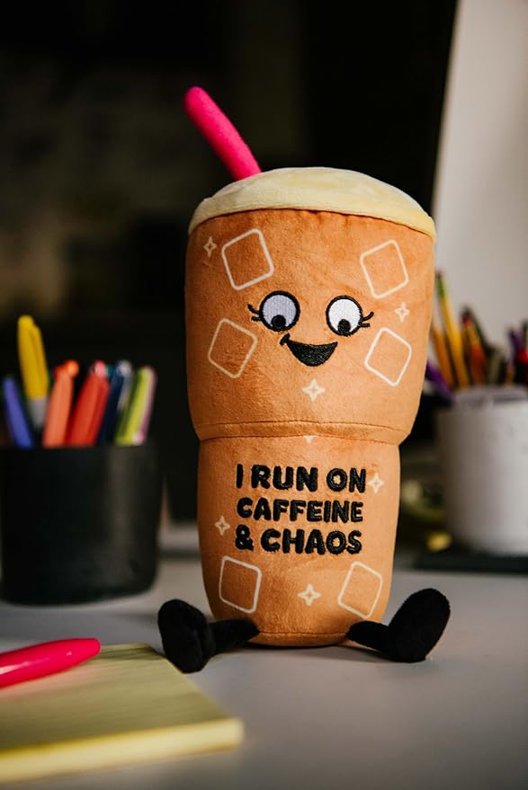 Coffee Plushie - I Run On Caffeine & Chaos Punny Plush, Gift for Coffee Lovers, Food Plush Toy for Gifting
