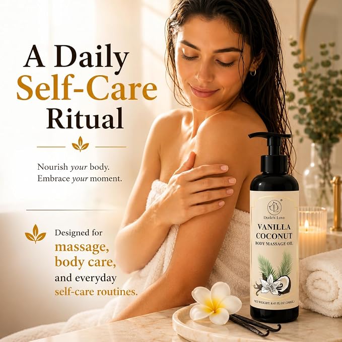 Vanilla Coconut Body Massage Oil | with Vitamin E & Jojoba Oil | Deep Hydration for Dry Skin | Non-Greasy, Fast-Absorbing Formula | 8.45 fl oz (250ml)
