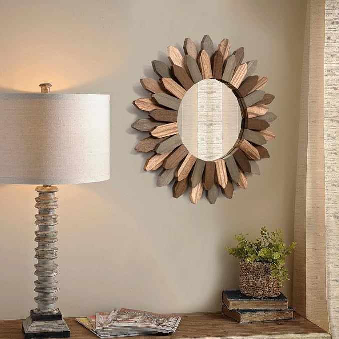 Boho Wall Decor Mirror 2 Pack 12 inch Rustic Wood Decorative Mirror for Room Decor Rustic Farmhouse Wall Decor for Bedroom Bathroom Living Room Entryway Tril Color