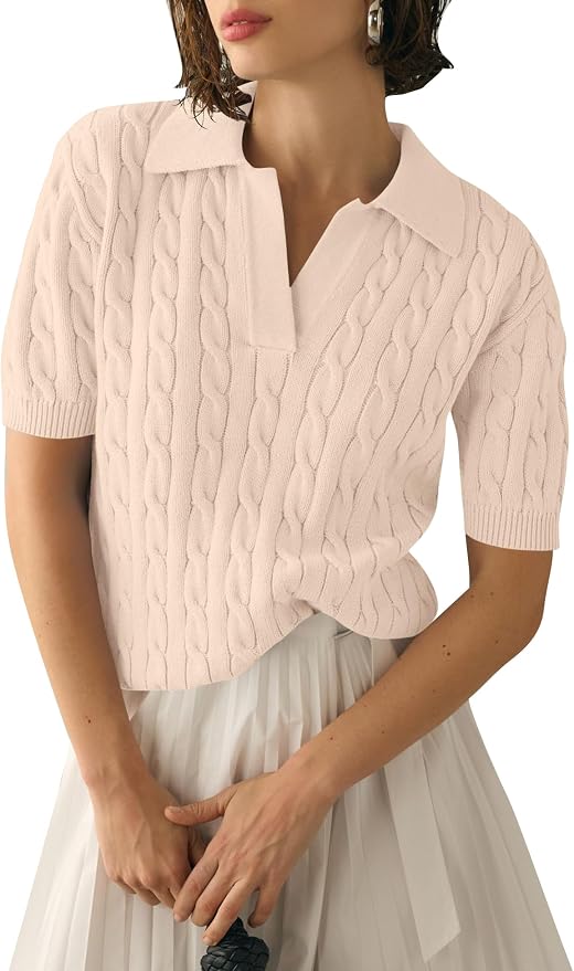 Micoson Womens Short Sleeve Sweater Tops Lapel V Neck Polo Shirts 2026 | Summer Cable Knit Loose Blouses, Business Casual Outfits