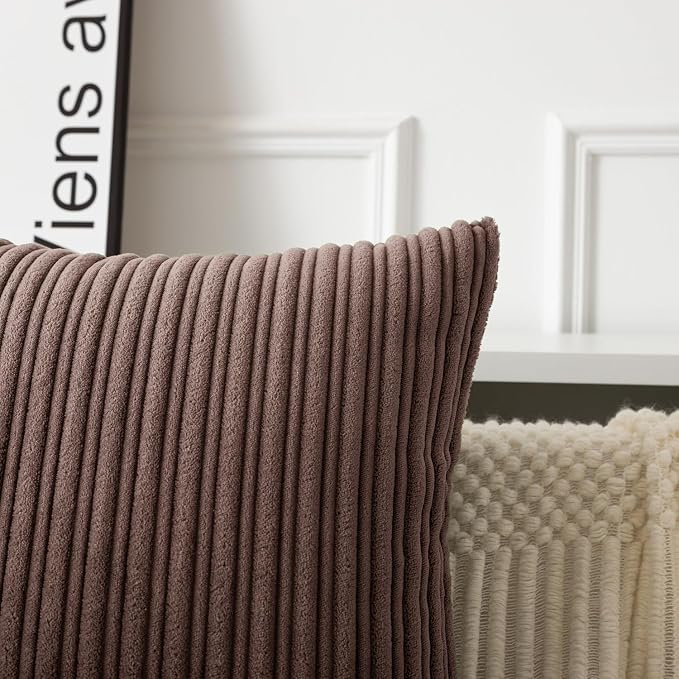 UGASA Fall Velvet 12x20 Inch Lumbar Soft Throw Pillow Covers Decorative Corduroy Striped Both Sides Solid Rectangular Cushion Cases Boho Farmhouse for Couch Bedroom Sofa Home, Pack of 2, Dark Brown