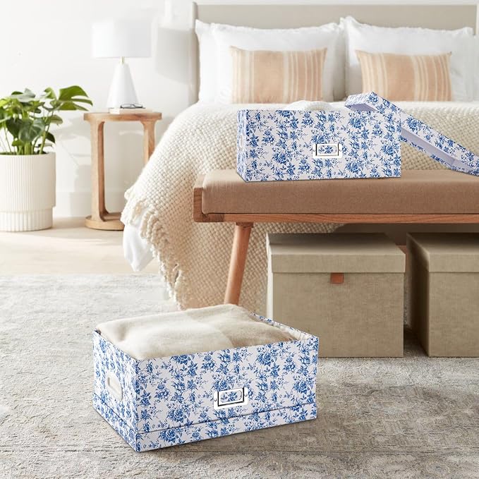 Briful Set of 2 Blue and White Porcelain-Style Storage Boxes with Lids – Elegant Floral Nesting Organizer Bins, 14'' + 13'' Set Decorative Cardboard Gift Boxes for Home or Office Use