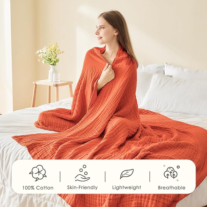 EMME Cotton Muslin Large Throw Blanket Couch Breathable Gauze Soft Lightweight Bed Blankets Adults (Heather Orange Rust, 50"x70")