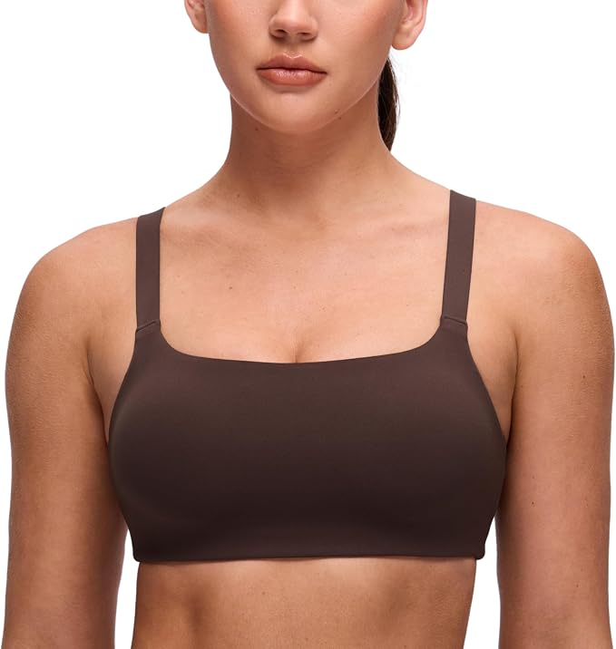 CRZ YOGA Butterluxe Adjustable Wide Strap Sports Bras for Women - Square Back Padded Scoop Neck Yoga Top