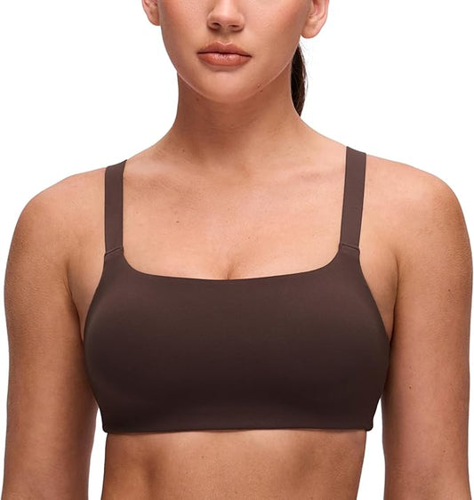 CRZ YOGA Butterluxe Adjustable Wide Strap Sports Bras for Women - Square Back Padded Scoop Neck Yoga Top