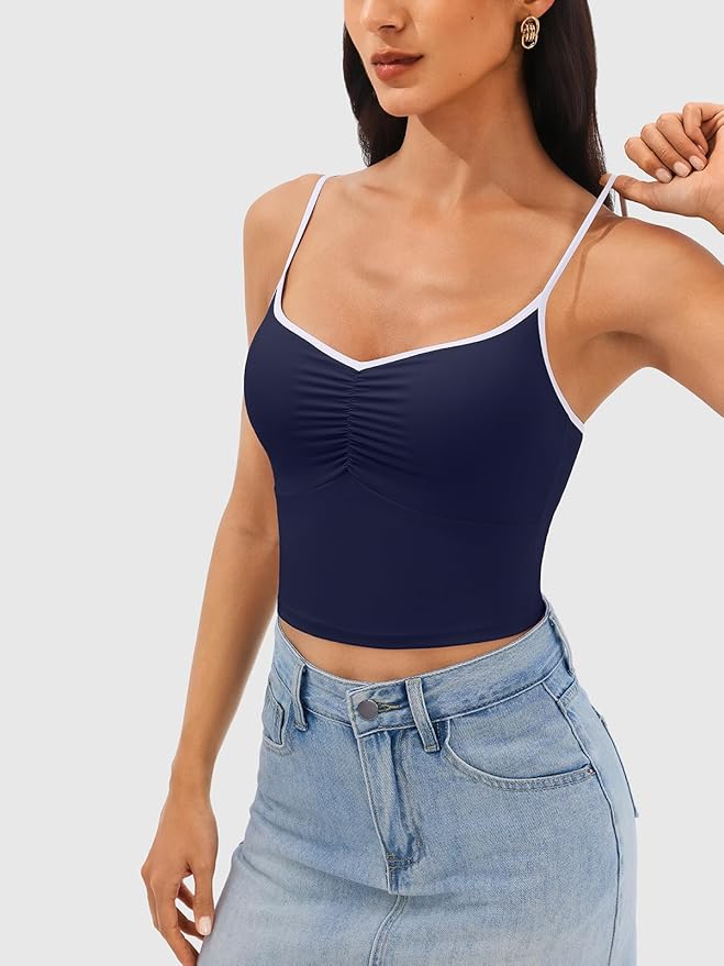 Longline Padded Sports Bra Workout Top for Women, Adjustable Straps Backless Crop Top Push Up Yoga Running Tank Top