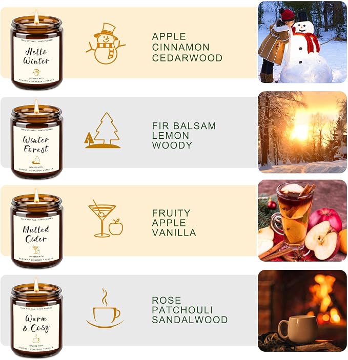 Scented Candle Gift Set for Women – 4 Pack Soy Candles Non Toxic | Scented Candles with Apple Cinnamon, Fir Balsam, Mulled Cider, Sandalwood – Holiday Candles Gift for Home Décor & Cozy Nights