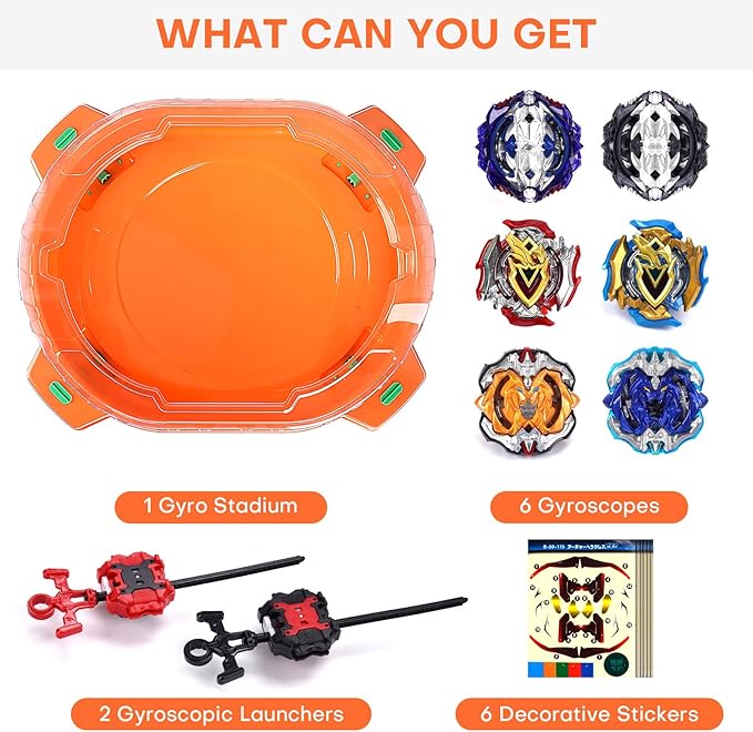 COCOFOX Battling Top Burst Toy Set, 6 Battling Tops 2 Launchers and 1 Stadium, Toys for 6 Year Old Boys & Girls & Up（Orange）