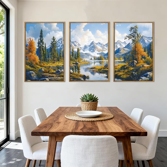 BINCUE Framed Mountain Landscape Wall Art Nature Forest Wall Decor Tree and River Art Print for Living Room Bedroom Office 16x24 Inches Set of 3