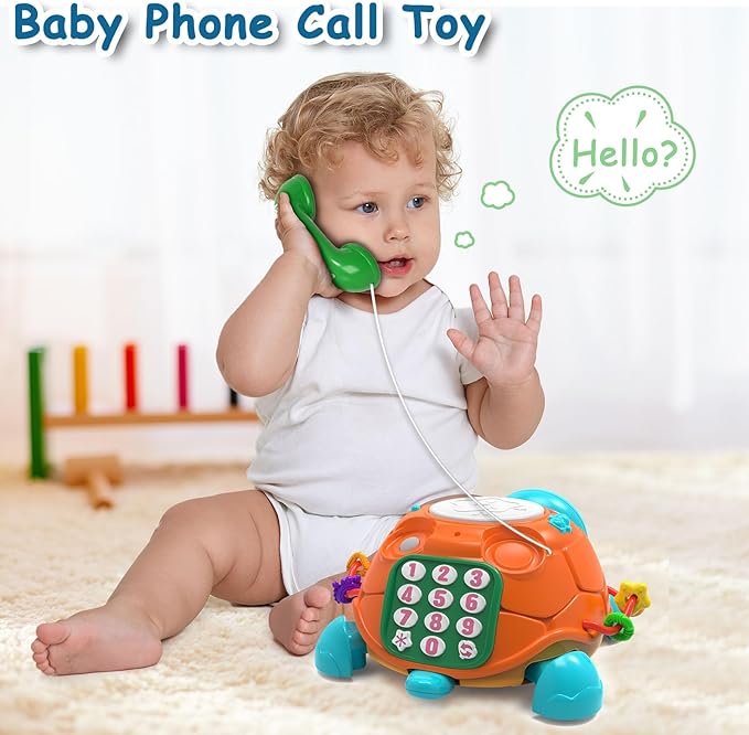 Baby Toys 6 to 12 Months,Infant Musical Turtle Crawling Toy with Phone Hand Drum, Baby Toy 7 8 9 10 18 Months 1-2 Year Old Girl Boy Gift (Blue)