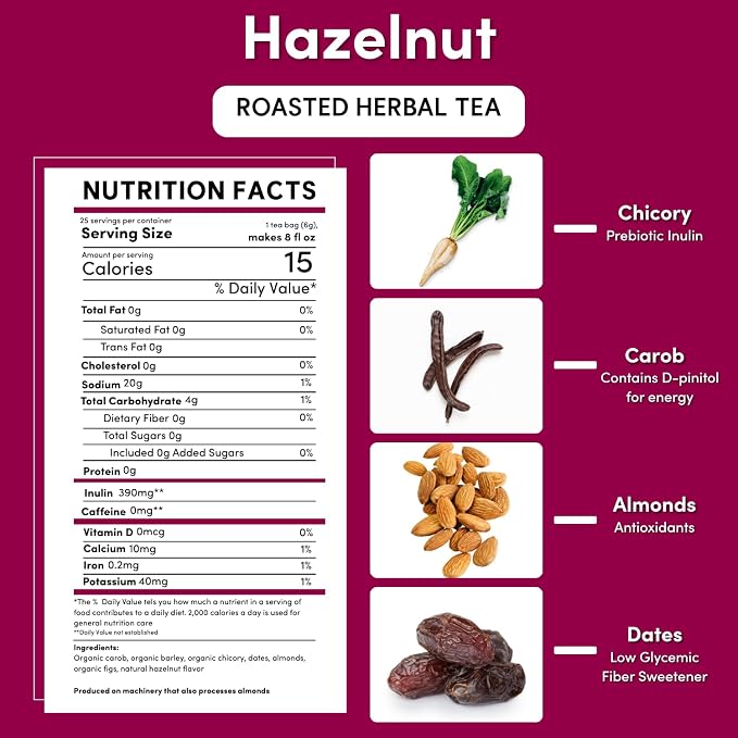 Teeccino Hazelnut Herbal Tea - 25 Tea Bags - Rich & Roasted Herbal Tea That’s Caffeine Free & Prebiotic for Natural Energy,