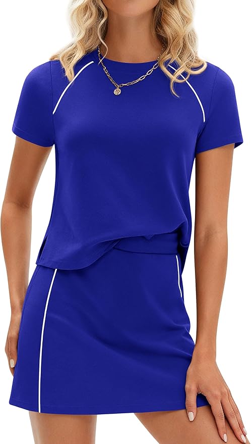 PRETTYGARDEN Women's 2 Piece Skirt Sets Matching Clothing | Short Sleeve Shirts,Color Block Tops,Mini Skirts with Shorts Pockets,Skort Set,Workout Active Wear,Tennis Golf,Summer Outfits