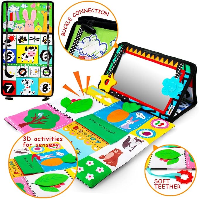 beetoy Tummy Time Toy for Infant, Newborn Sensory Toy 0 3 Months Baby Brain Development with Crinkle Mat Teether, High Contrast Baby Mirror Toys 2 4 5 0-6 Month Boys Girls Visual Muscles Shower Gifts