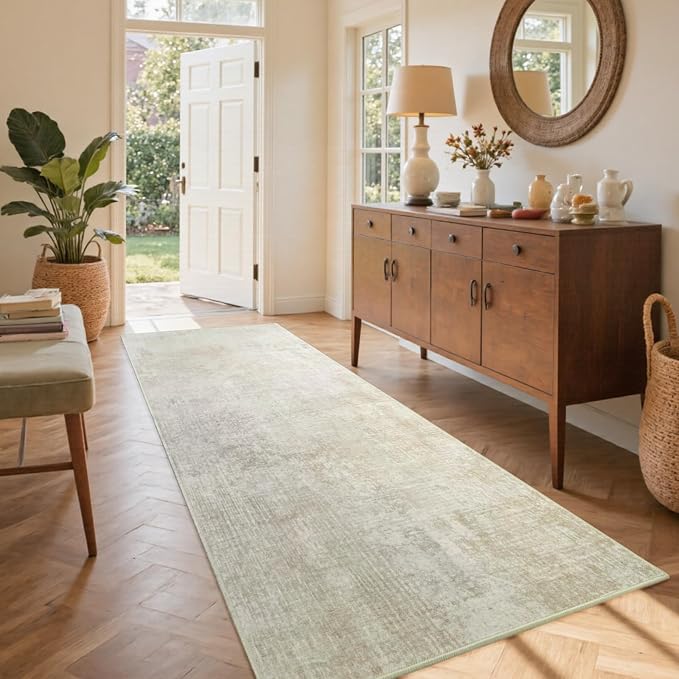 2x6 Ft Washable Runner Rug, Non-Slip Low Pile Hallway Kitchen Area Rug, Soft Long Entryway Floor Mat Abstract Pattern Carpet for Bedside & High-Traffic Areas (Beige)