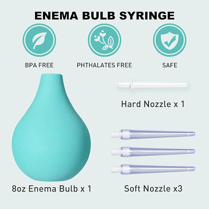TopQuaFocus 8oz Enema Bulb Kit Anal and Vaginal Douche Bulb for Men Flushing System Enemas Silicone Bulb 4 Replaceable Tips (Green, 224ml)