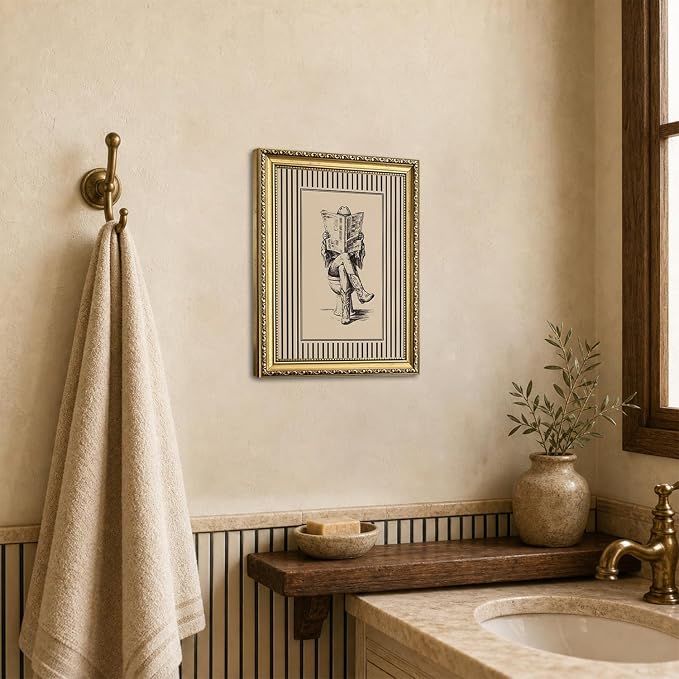 Gold Framed Funny Cowgirl Bathroom Wall Art Western Cowgirl Reading Newspaper on Toilet Wall Decor, Farmhous Vintage Cowboy Bathroom Poster Canvas Painting Print Picture 16x24 inch