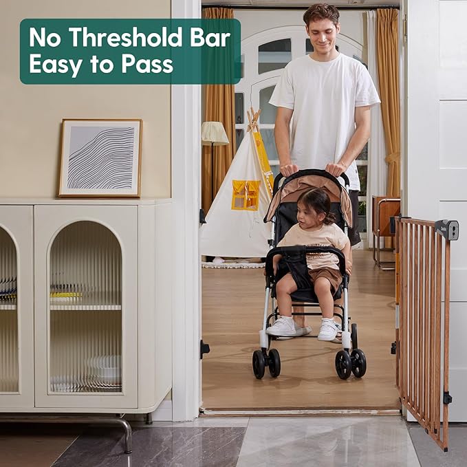 Babelio Baby Gate for Stairs & Doorways, 26-43" W 28" H No Bottom Bar| Easy Installation| One-Handed Operation| Auto-Close| Hardware Mount (Drill Needed) Safety Dog/Pet Gate (Brown Wood Pattern)