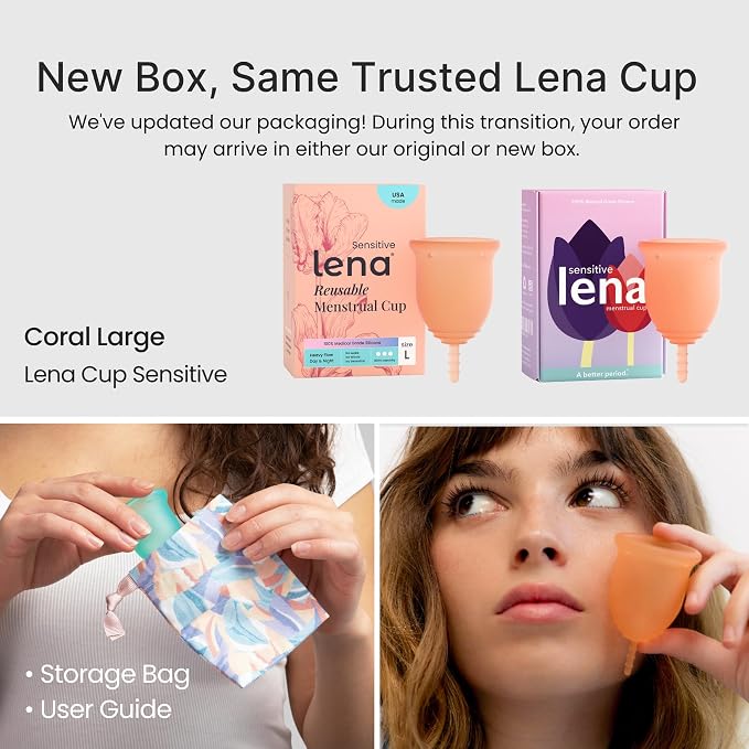 Lena Sensitive Menstrual Cup - Ultra Soft Medical-Grade Silicone Period Cups for Women Heavy Flow, Beginner-Friendly, Reusable 12-Hour Leak-Free Comfort & Feminine Care - Large, Coral