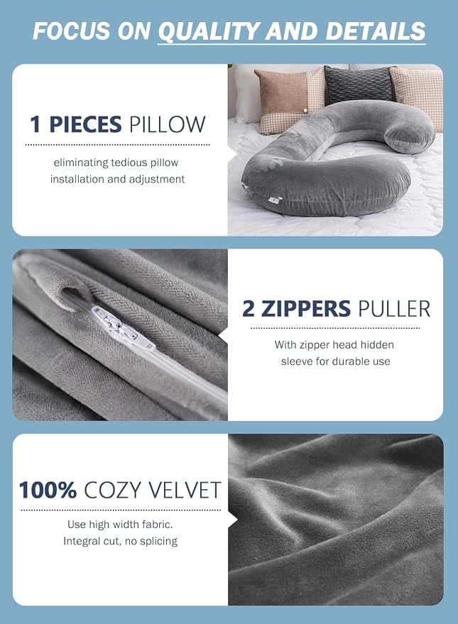 INSEN Pregnancy Pillow for Sleeping, Maternity Pillow with Jersey Cotton Cover,C Shaped Body Pillow for Pregnant (Gray)