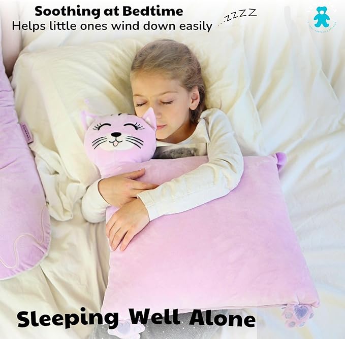 LUNAMIRA Kids Cat Plush Pillow – Cute Bedroom Decor Throw Pillow & Movie-Night Buddy, Cuddle Sleeping Pillow, Soft Comfort Toddler Travel Pillow, Washable Cover, 16”x14” Birthday for Kids