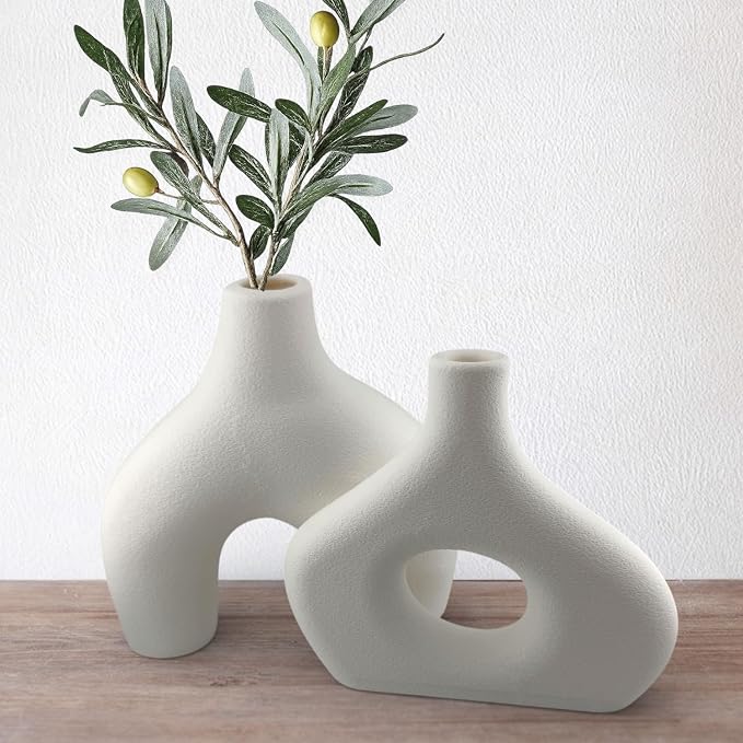 3D Printed Donut Vase Set of 2 – White Plastic Planter Vase with Drainage – Large Minimalist Nordic Hollow Design for Olive Tree, Modern Home Decor, Table, Console, Wedding (3D Printed in THE USA)