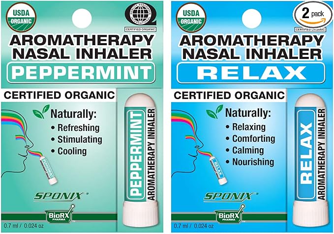 Aromatherapy Nasal Inhaler Pack of 2 Made with Organic Essential Oil - Peppermint and Relax - 0.7 mL by Sponix