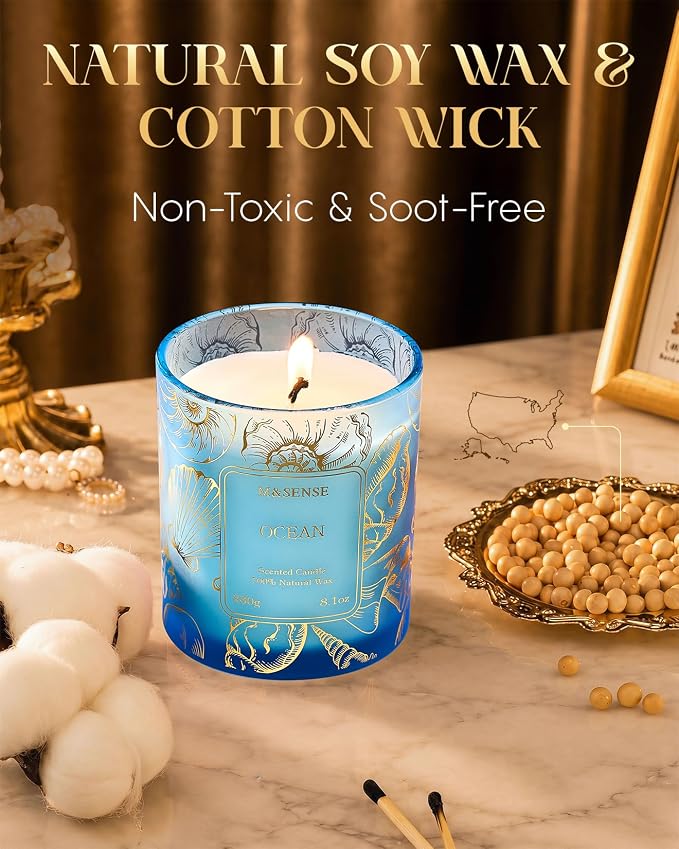 M&SENSE Ocean Soy Candle, 8.1oz Gilded Glass, Summer Fresh Aromatherapy | 42H Slow Burn, Soy Wax, Bathtub Home Fragrance, Non-Toxic, Warmer Lamp Safe