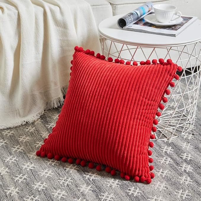 Fancy Homi Pack of 2 Boho Red Decorative Throw Pillow Covers with Pom-poms, Soft Corduroy Solid Square Cushion Cases Set for Couch Sofa Bedroom Car Living Room (16x16 Inch/40x40 cm, Christmas Red)