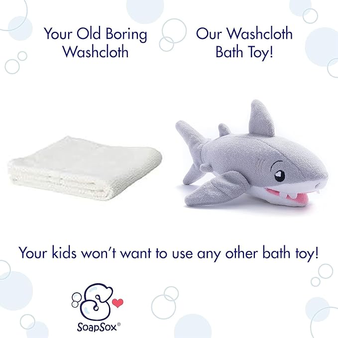 SoapSox Kids Exfoliating Bath Scrub (Tank the Shark) - Soft Animal Toy Wash Cloth Sponge with Soap Pocket Insert - Fun Loofah Characters for Babies, Kids and Children