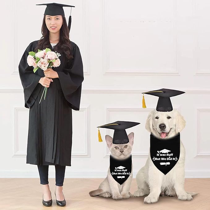 2025 Dog Graduation Cap and Gown with Gold Tassels Dog Graduation Outfits Gifts Graduation Bandana for Small Medium Large Dogs (It was Ruff, but we did it Bandana)
