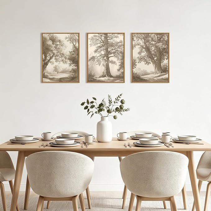Vintage Tree Canvas Wall Art Framed Rustic Tree Landscape Sketch Antique Painting Neutral Forest Wall Decor 16x12 Inch Farmhouse Botanical Set of 3 for Living Room Bedroom