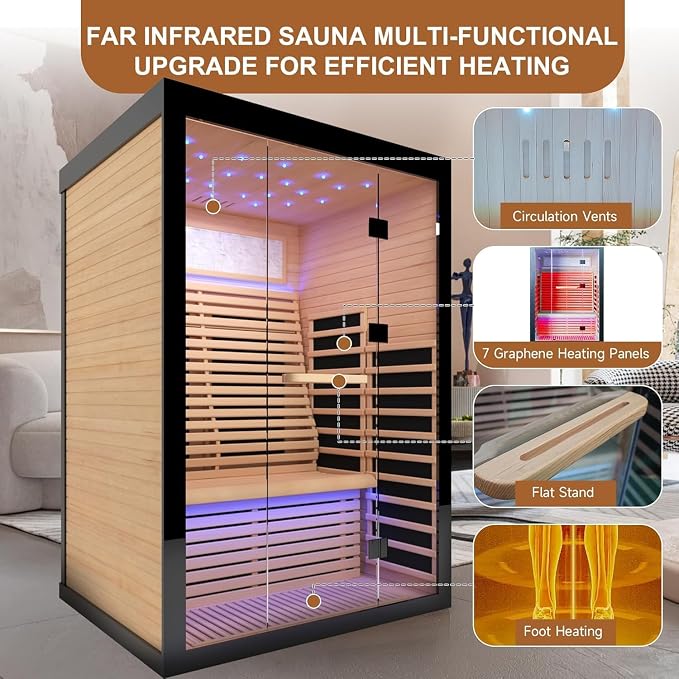 Infrared Sauna 2 Person Low-EMF Far Infrared Sauna for Home Gym Spa | Canadian Hemlock Wood Indoor Dry Saunas with Oxygen Bar, Starry Sky Lights Ceiling, Speakers -2160W 丨 53.1 * 47.2 * 74.8 in