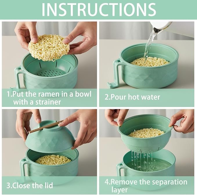 1 Set Microwave Ramen Cooker 40oz Wheat Straw Microwave Noodle Bowl Set with Chopsticks, Spoon, Fork, College Dorm Office Apartment Essentials (Light Green)