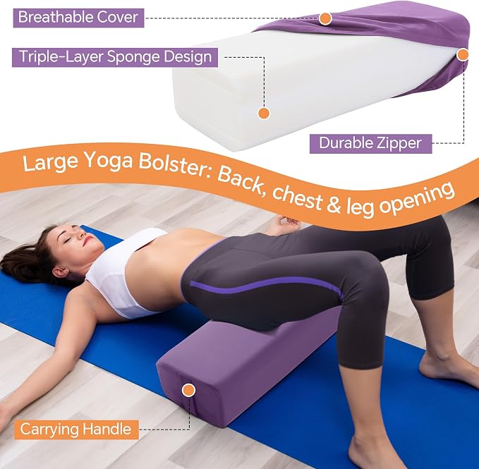 MABOZOO 2-Piece Yoga Bolster Pillow, Rectangular & Crescent Meditation Cushions with Removable Cover for Restorative Yoga, Meditation Accessories for Sitting on Floor