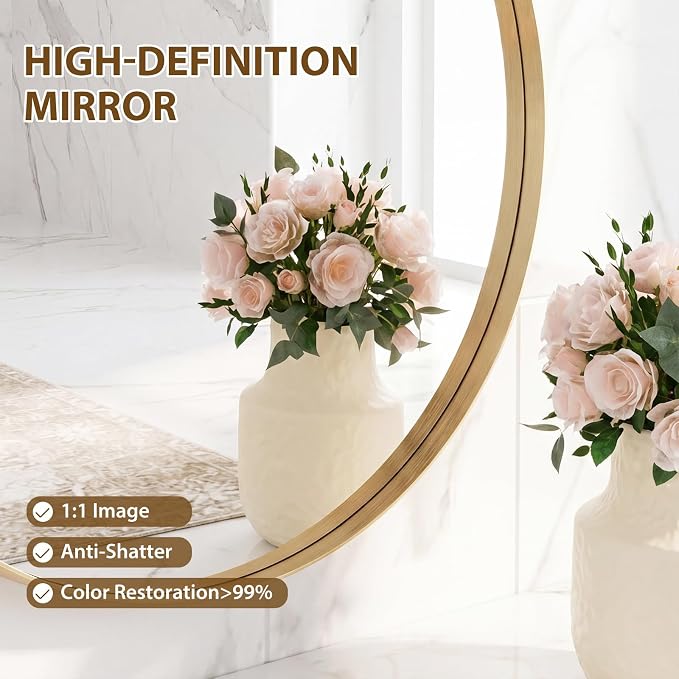 Sweetcrispy Bathroom Round Mirror for Over Sink, 20 Inch Wall Circle Mirror with Matte Metal Frame, Modern Wall Mount Vanity Mirrors for Home Decor, Living Room, Bedroom, Gold