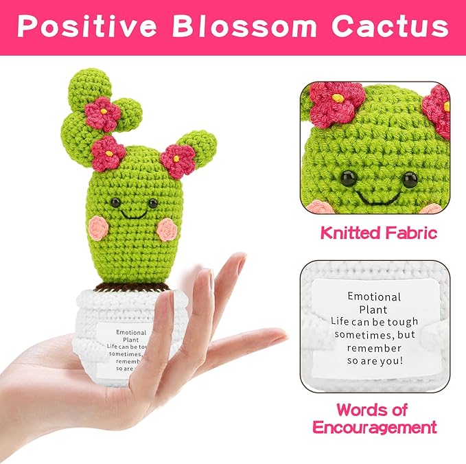 Hoedia Handmade Emotional Pickle Gift, Emotional Cucumber Crochet Doll Inspirational Gifts with Cards, Cute Knitted Funny Support Pickle Potato Friend Birthday (Blossom Cactus)