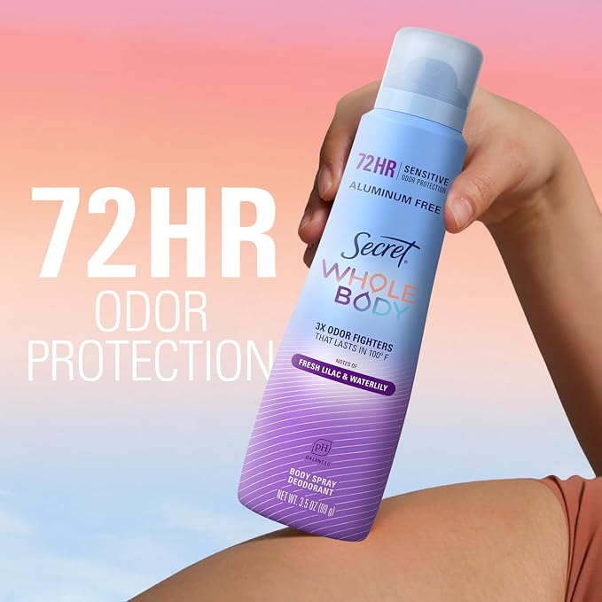 Secret Aluminum Free Whole Body Deodorant Spray for Women, 72hr Sensitive Freshness & Odor Defense, PH Balanced, Invisible Protection, Safe to Use Everywhere, Fresh Lilac & Waterlily Scent, 3.5 oz