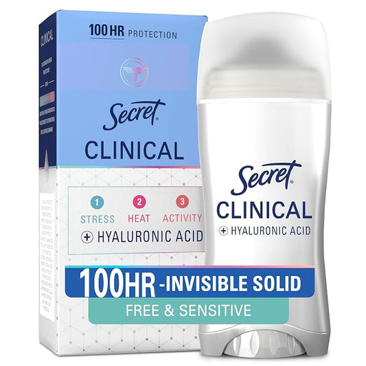 Secret Clinical Strength 100HR Sweat & Odor, Invisible Solid Antiperspirant Deodorant for Women, Free & Sensitive, 3X Stress Protection with Hyaluronic Acid, PH Balanced, Unscented, 2.6 oz