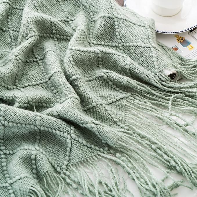 BATTILO HOME Sage Green Throw Blanket for Couch, Boho Bed Throws for Home Decor, Light Blue Throw Blanket for Sofa Living Room, 50"x60"