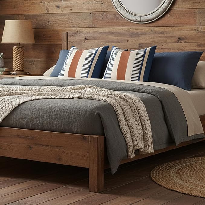 Farmhouse Stripe Pillow Cover 18x18 Boho Accent Cushion Case Faux Leather Decorative Pillowcase,Navy Blue and Beige (Cover ONLY, Pack of 2)
