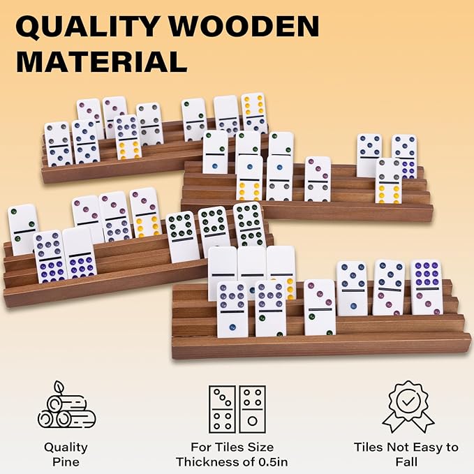 Wooden Domino Racks Set of 4, Domino Tiles Trays and Holders Organizer for Mexican Train and Other Games