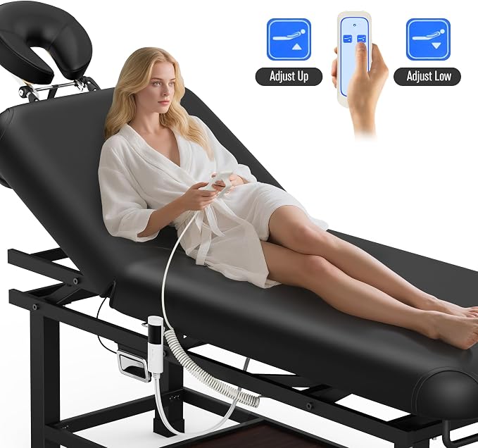 Olela Electric Massage Table with Heated Function- Heated Massage Table with Electric Lift & Manual Adjustable Backrest, Treatment Table with Storage and Metal Frame for Massage, Spa So On