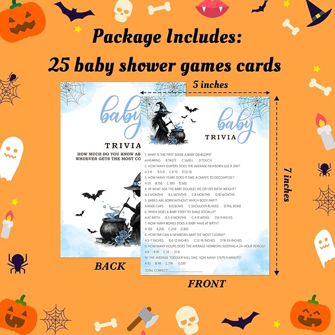Hilarious Baby Shower Games, 25 Sets Halloween Baby Trivia + Answer Card, Blue Witch Gender Reveal Game Cards for Party Announcement Supplies - B07