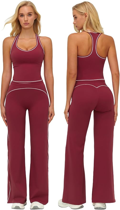 ABOCIW Two Piece Workout Sets for Women Racerback Tank Top Matching High Waist Wide Leg Yoga Pants Pilates Outfits