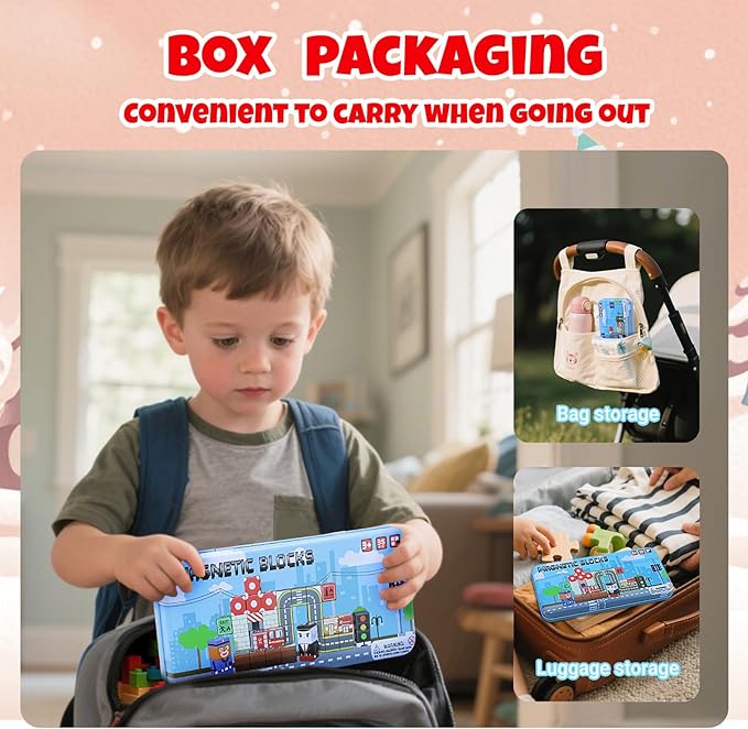 Magnetic Blocks Set, 35PCS Educational STEM Travel Building Toys for Kids 3+, Portable Magnetic Block with Metal Storage Box, Toddler Learning Toys for Boys Girls 4-8 Birthday Gift(Road Transport)